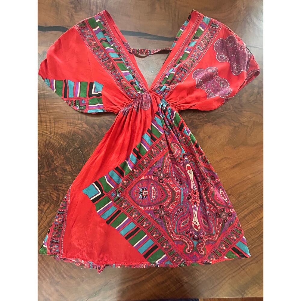 INDAH 100% Silk Plunging V-Neck Mini Dress Large Archival Bali Resort Boho S M L